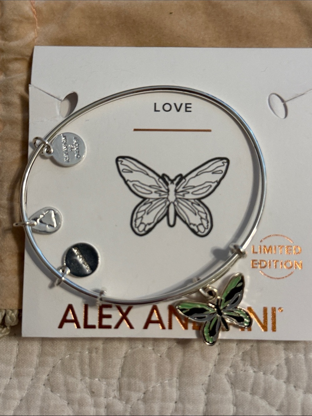Alex and Ani Silver Bangle with Green Butterfly Charm